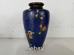 Vintage Possibly Antique Japanese Blue Cloisonné Vase with Floral Decorations
