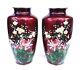 Vintage Red Chrysanthemum & Cherry Blossom Cloisonne Vases Mirror Pair 8 1/2