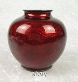Vintage Sato Cloisonné Vase Pigeon Blood Red Flowers Bamboo Design 4-3/4in Tall