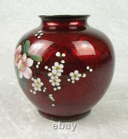 Vintage Sato Cloisonné Vase Pigeon Blood Red Flowers Bamboo Design 4-3/4in Tall
