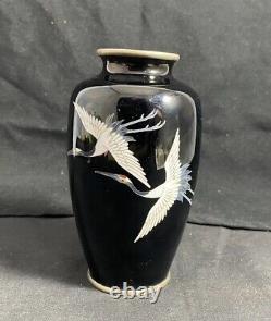 Vintage Sato Marked Japanese Cloisonné Black with White Crane Vase 4.75 NICE