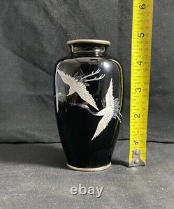 Vintage Sato Marked Japanese Cloisonné Black with White Crane Vase 4.75 NICE