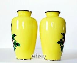 Vintage Set Of (2) Japanese Cloisonne Yellow Pink Rose Vases 7.5 Tall