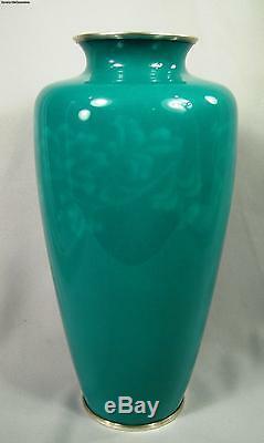 Vintage Signed Ando Japanese Wireless Cloisonne Vase Apple Green Silver 9 3/4
