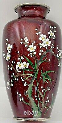 Vintage Vases Japanese Cloisonne Sato Ando Era Red Pigeon Blood Cherry Blossom
