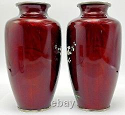 Vintage Vases Japanese Cloisonne Sato Ando Era Red Pigeon Blood Cherry Blossom