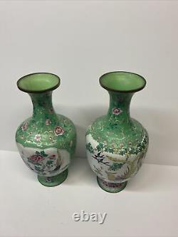 Vintage cloisonne Chinese / Japanese Vase Pair Light Green Birds Lotus Flowers