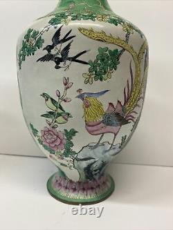 Vintage cloisonne Chinese / Japanese Vase Pair Light Green Birds Lotus Flowers