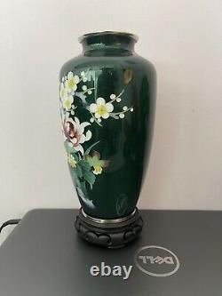 Vintage japanese cloisonne vase green flowers H 21 cm
