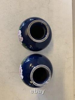 Vtg Antique Chinese Or Japanese Silver Mounted Cloisonne Pair Vases Floral Dec