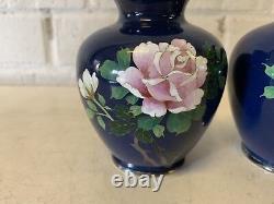 Vtg Antique Chinese Or Japanese Silver Mounted Cloisonne Pair Vases Floral Dec