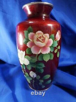 Vtg JAPANESE YAMAMOTO PIGEON BLOOD Red Ginbari Foil Cloisonne Rose bird Vase (A)