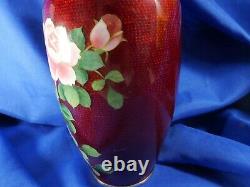 Vtg JAPANESE YAMAMOTO PIGEON BLOOD Red Ginbari Foil Cloisonne Rose bird Vase (A)