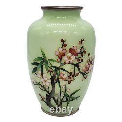 Vtg Japanese Celadon Cherry Blossom Cloisonne Vase, Unsigned, Ando Jubei STYLE