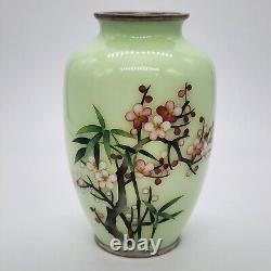 Vtg Japanese Celadon Cherry Blossom Cloisonne Vase, Unsigned, Ando Jubei STYLE