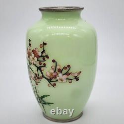 Vtg Japanese Celadon Cherry Blossom Cloisonne Vase, Unsigned, Ando Jubei STYLE