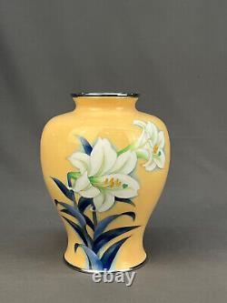 Vtg. Japanese Peach Cloisonne 10 Enamel Vase with White Lilies