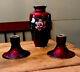 Vtg Japanese Red Cloissone Enamel Vase & Pair Of Candlesticks Candle Holder Set