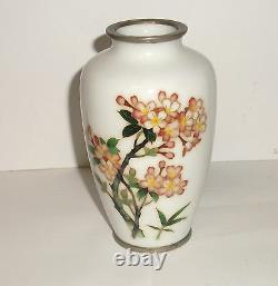 White Japanese Ando Cloisonne Enamel Floral Vase 43/4 H