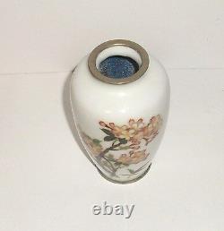 White Japanese Ando Cloisonne Enamel Floral Vase 43/4 H