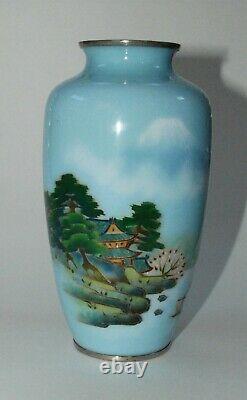 Wonderful Japanese Cloisonne Enamel Vase with Landscape, Shoreline and Mt. Fuji