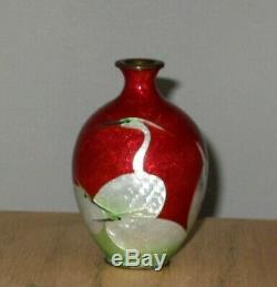 Wonderful Meiji Period Japanese Ginbari Cloisonne Enamel Vase with Egrets-Signed