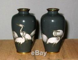 Wonderful Pair Meiji Japanese Wire/Wireless Cloisonne Enamel Vases with Egrets