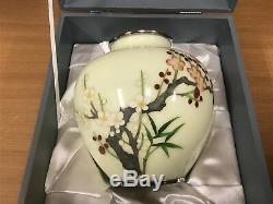 Y0833 FLOWER VASE cloisonne cream plum box Japanese antique ikebana kabin