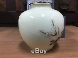 Y0833 FLOWER VASE cloisonne cream plum box Japanese antique ikebana kabin