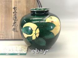 Y5371 FLOWER VASE Cloisonne green fruit signed box Japan ikebana antique decor