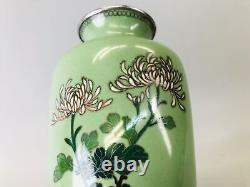 Y6842 FLOWER VASE Cloisonne green silver line Japan ikebana floral arrangement