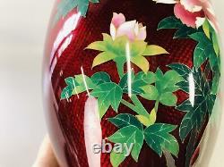Y7147 FLOWER VASE Cloisonne red signed box Japan ikebana floral arrangement